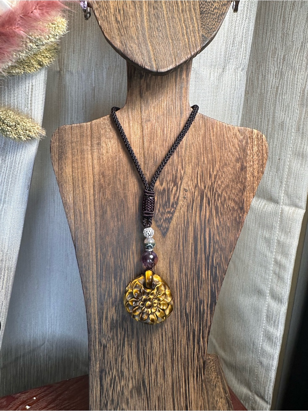 Tiger’s Eye Flower Pendant Necklace with Amethyst and Agate on Brown Rope - Picture 8 of 14